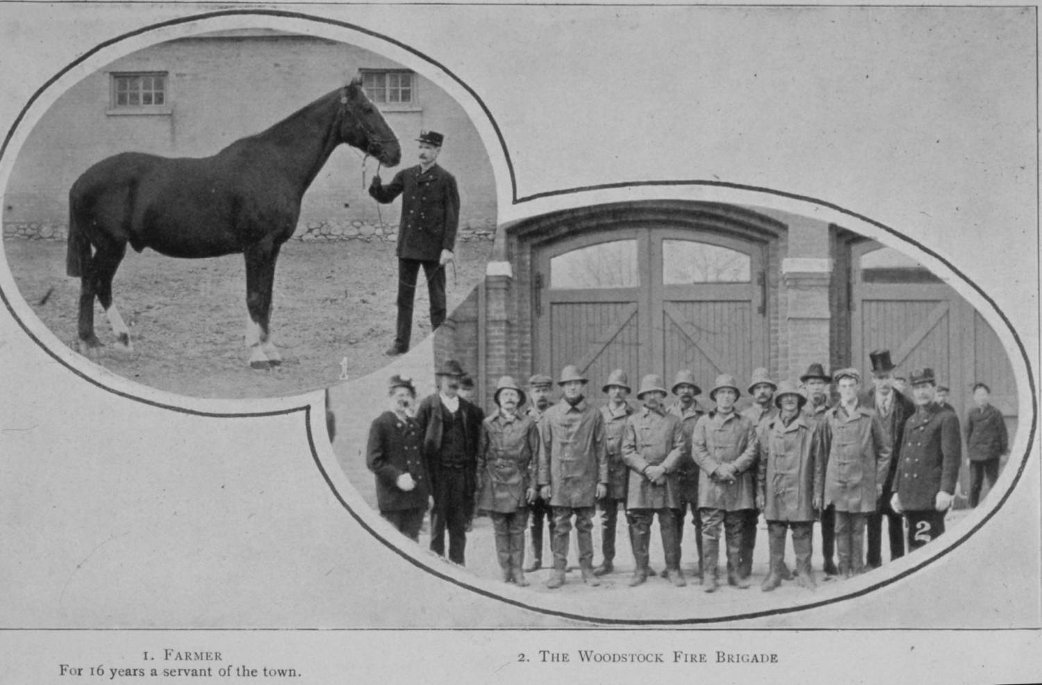 Two photos. One featuring a dark coloured horse named Farmer, with a member of the Woodstock Fire Brigade. The second photo features a group portrait of the fire brigade in uniform.