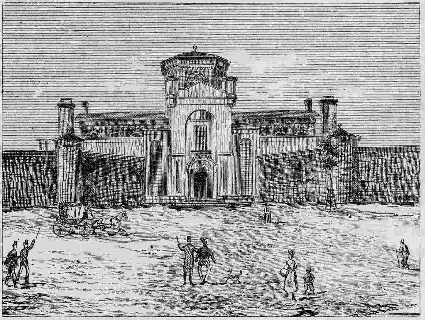 Sketch of the Oxford County jail from 1872. People and carriages are passing by the building.