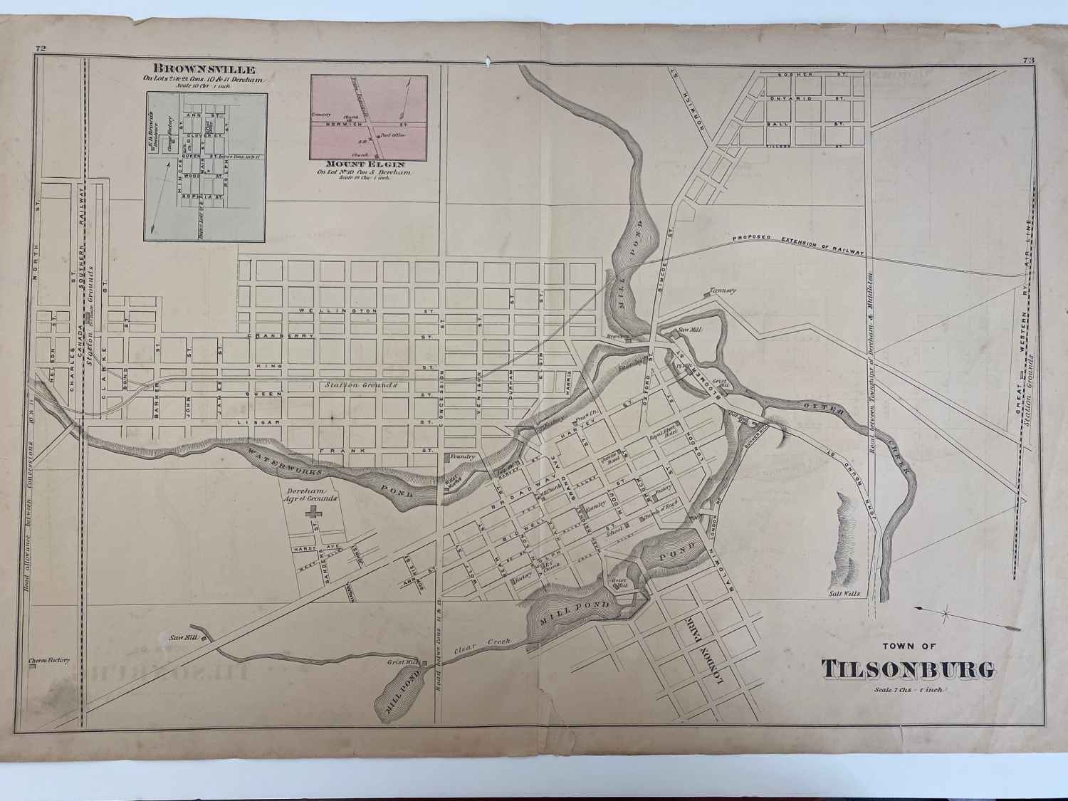 Map of Tillsonburg from 1874. Shows creeks, rail lines, streets, and more.