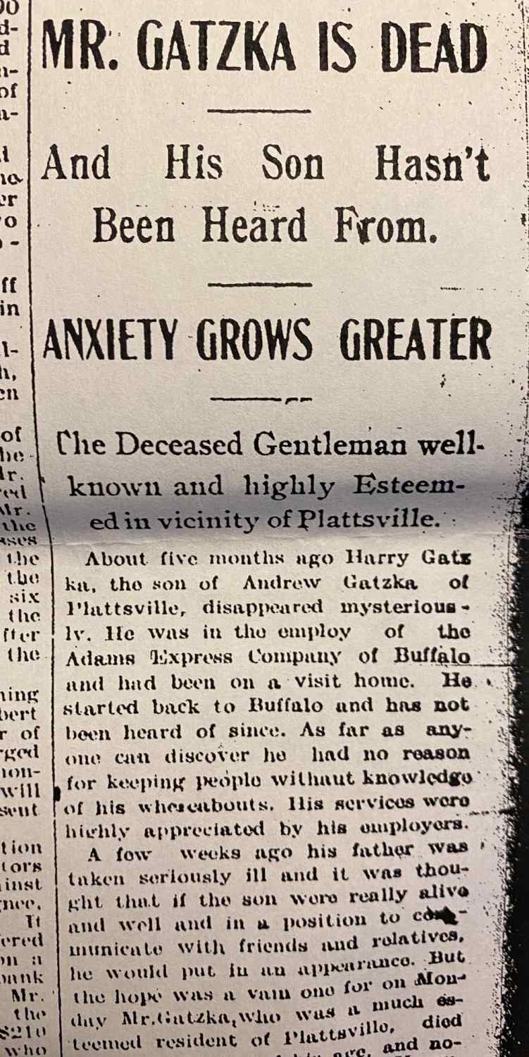 A newspaper article with an obituary for Andrew Gatzka. Headline reads: 