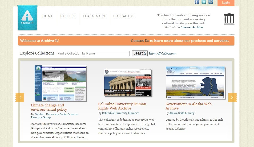 The home page of the Archive-It website.