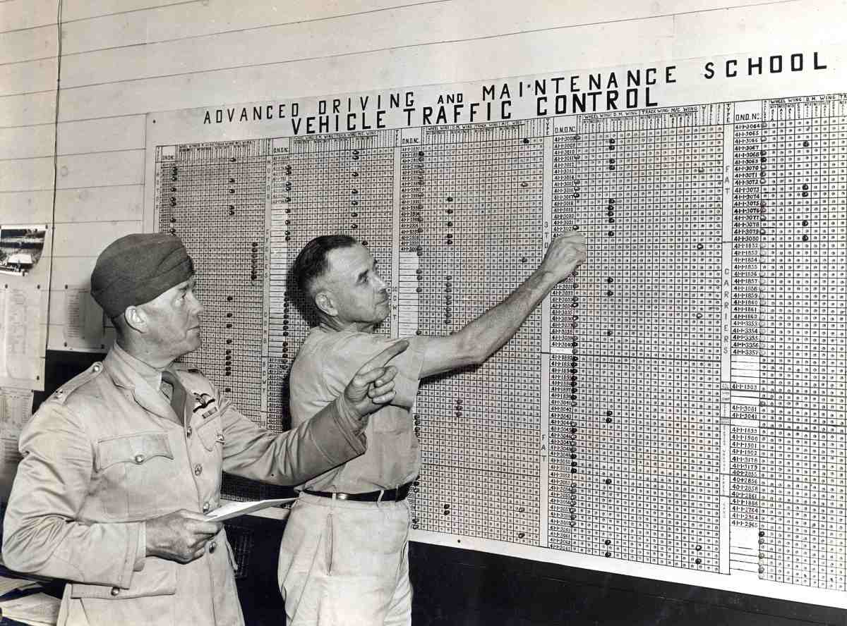 Two men in uniform stand in front of and point at a vehicle traffic control board at the Woodstock Advanced Driving and Maintenance School.