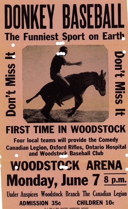 A poster for a donkey baseball game in Woodstock, Ontario. The poster features a man riding a donkey.