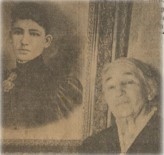 A woman stands in front of a historical portrait of a young woman who was her mother.