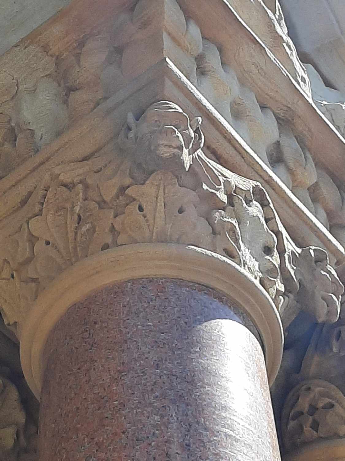 Carved grotesque of a monkey's head on the County Courthouse.