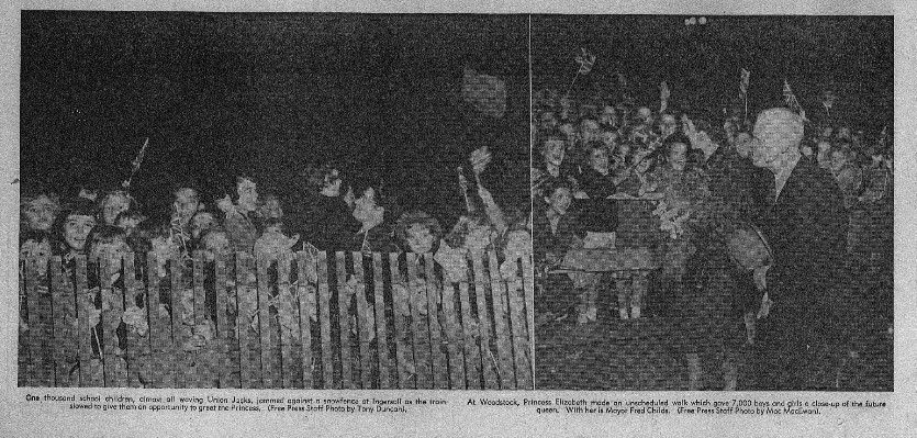 A crowd of school children stand in waiting to greet Queen Elizabeth in Ingersoll and Woodstock, Ontario. She is walking by the crowd of children in Woodstock with Mayor Fred Childs.