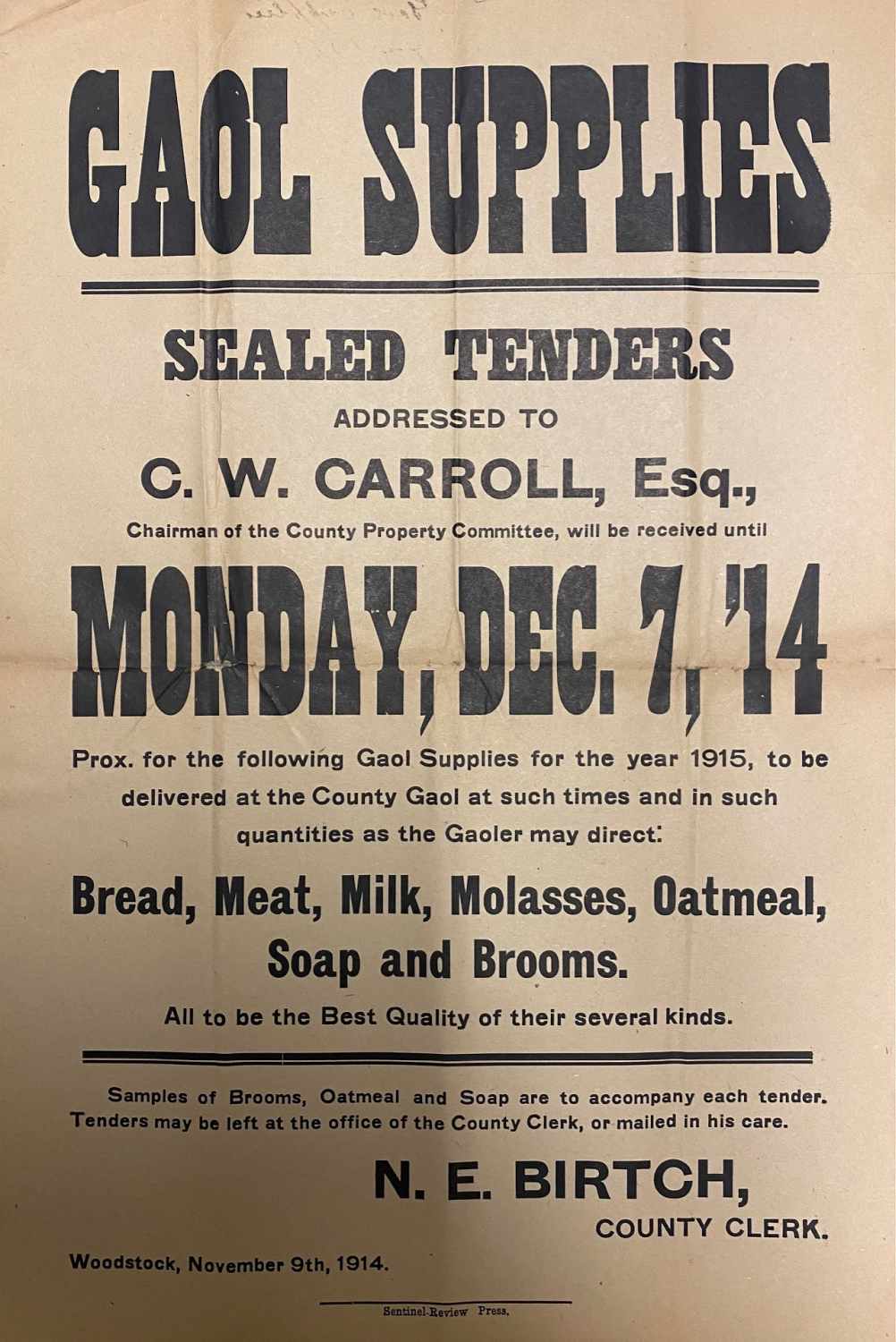 A 1914 tender for supplies at the County Jail for bread, meat, milk, molasses, oatmeal, soap, and brooms.