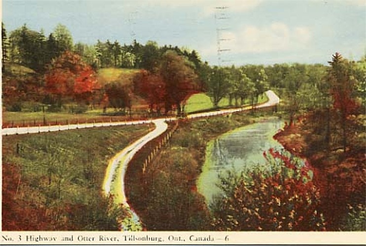 Postcard with a photograph of No. 3 highway and Otter River in Tillsonburg. Road runs along the river and forks. Many trees with orange and green leaves dot the landscape.