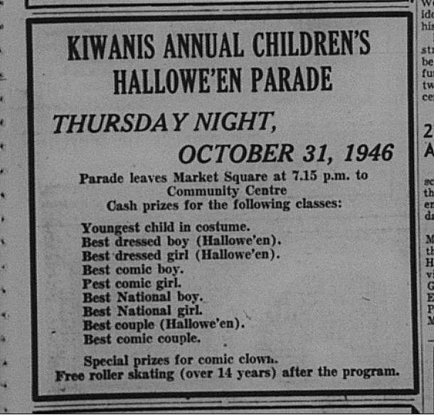 An advertisement for the Kiwanis Annual Children's Halloween Parade. Dated October 31, 1946.