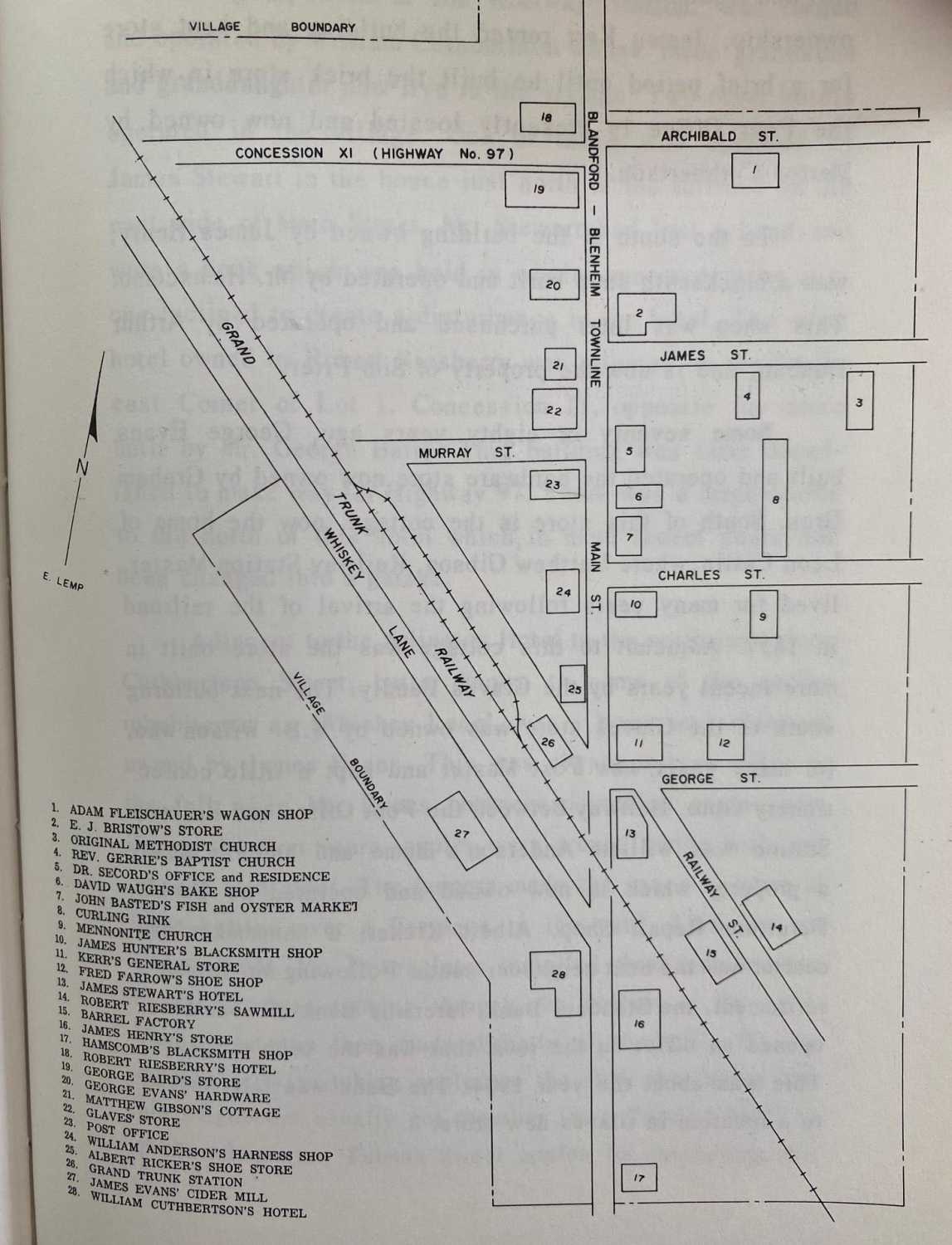 A map of early businesses in Bright, Ontario.