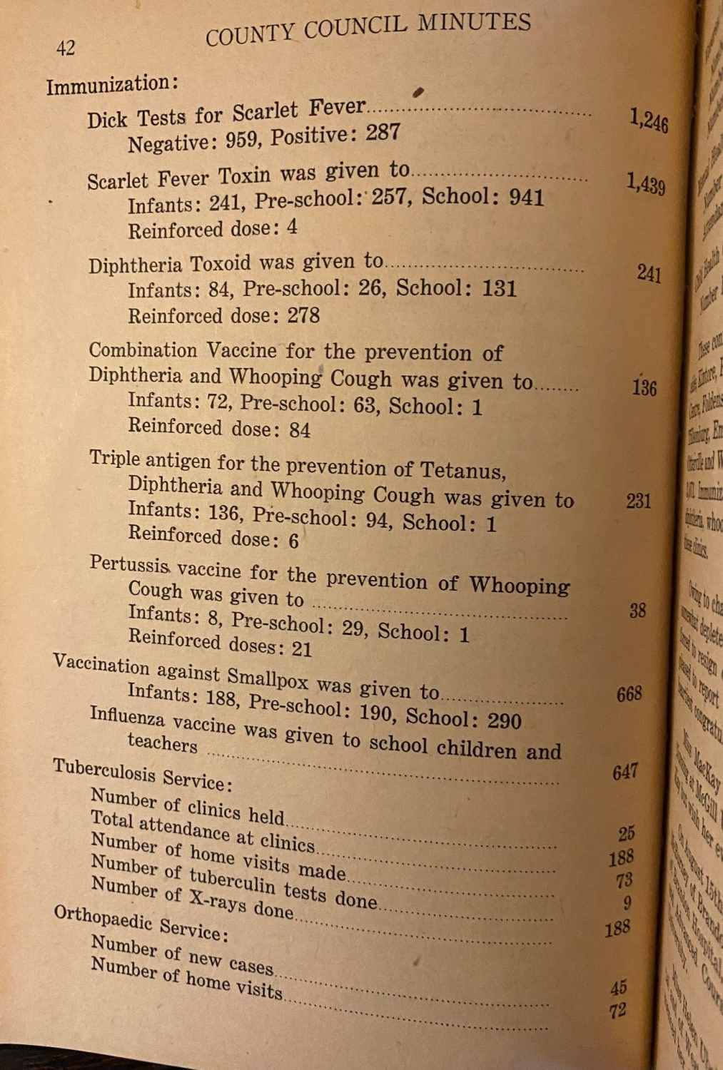 Portion of the Report of the Nursing Division, Oxford County and Ingersoll Unit, which is appended to Dr. Powers’ Report. A list of immunizations in Oxford County including Scarlet Fever, Diptheria, Whooping Cough, Tetanus, Smallpox, and Influenza.