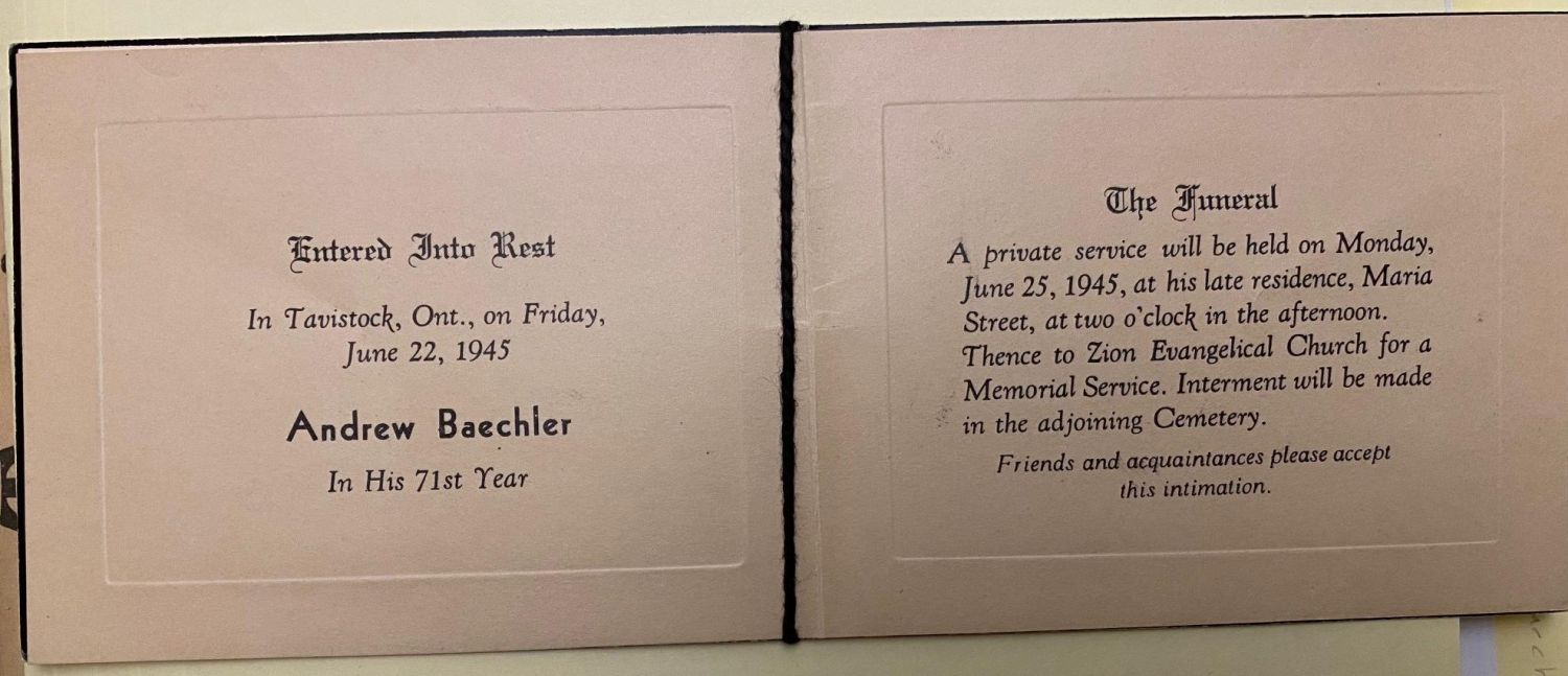 Memoriam card for Andrew Baechler. Reads: 