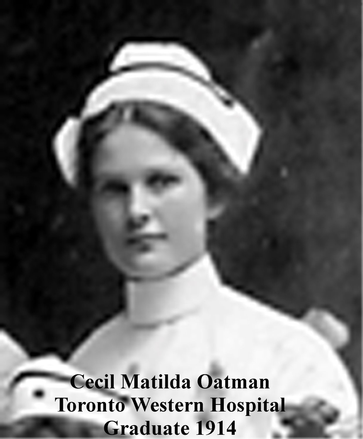 A portrait of Nursing Sister Cecil Oatman, wearing her white uniform.