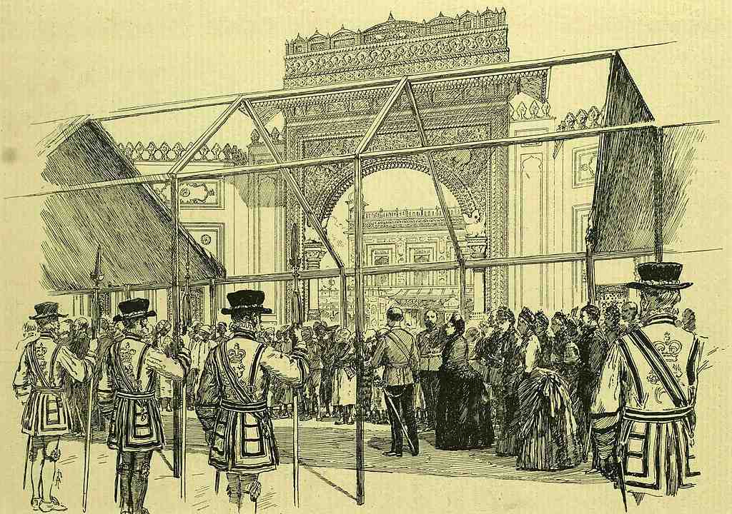 Sketch of the opening of the Colonial and Indian Exhibition in London, England. A procession of people are walking by a makeshift Indian palace.