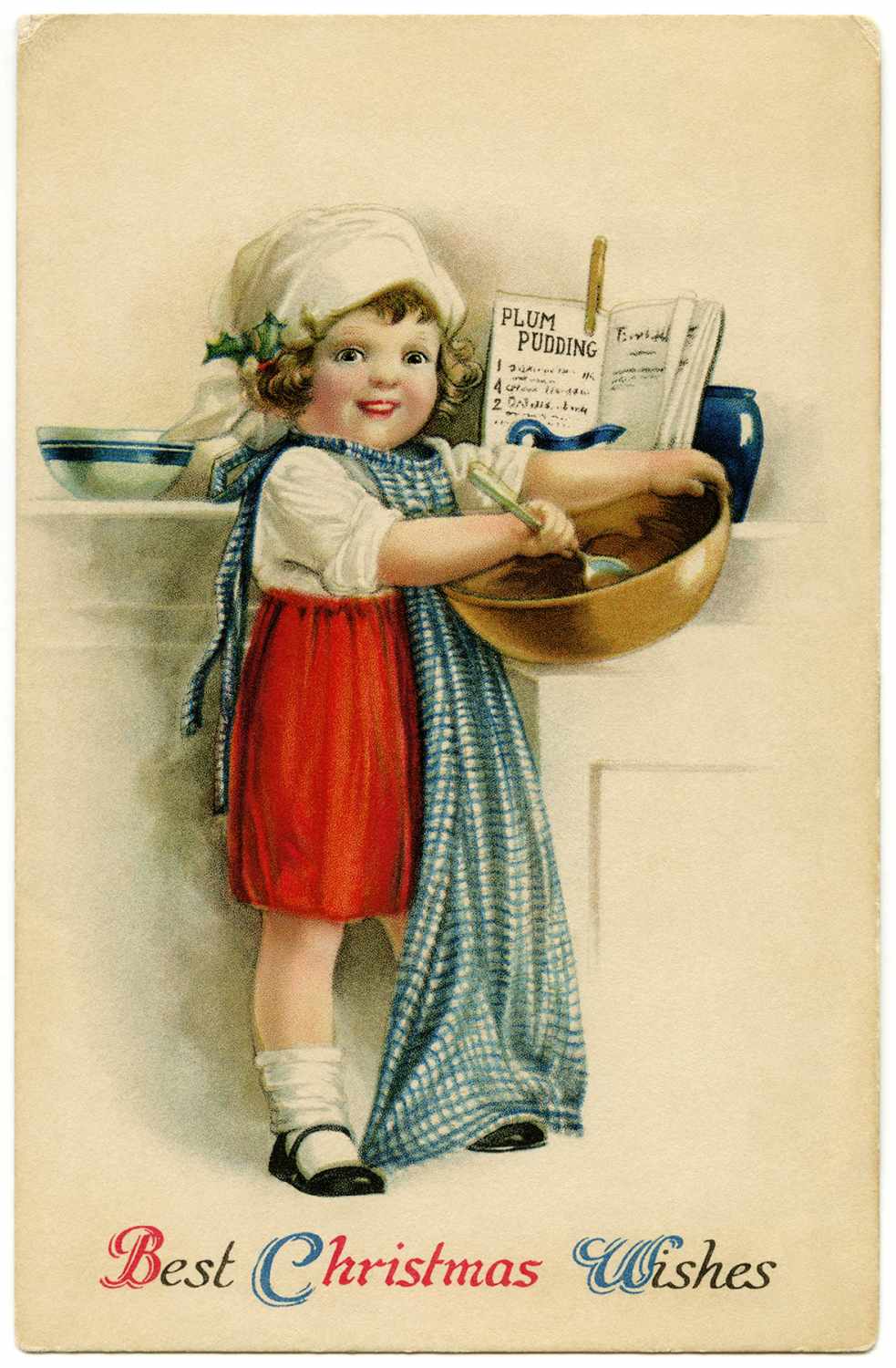 Little girl holding a plum pudding recipe.