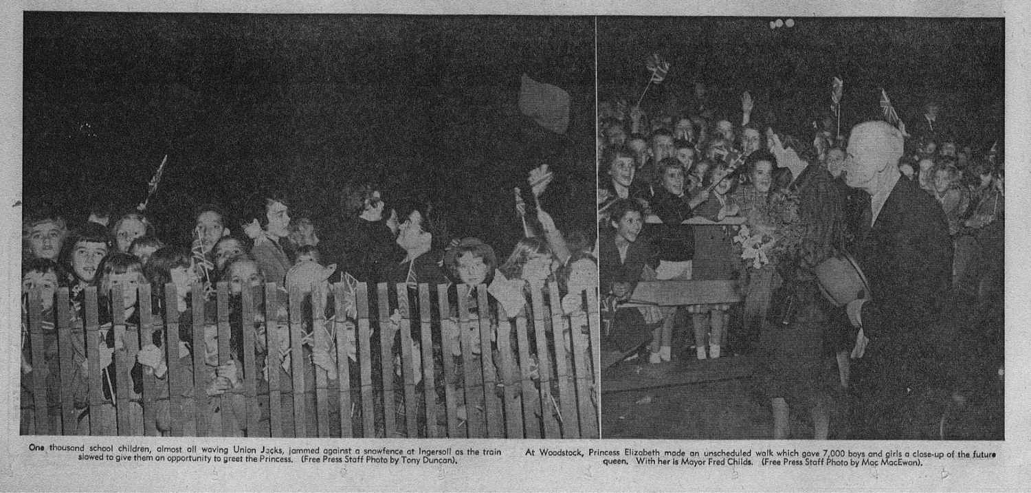 A picture of a crowd of people greeting Princess Elizabeth, they are waving the British Union Jack flag.