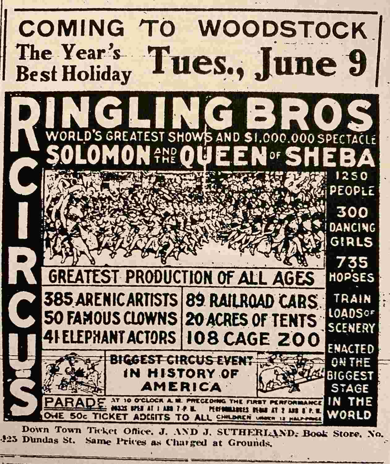 A newspaper advertisement for the Ringling Brothers circus's visit to Woodstock, Ontario. 