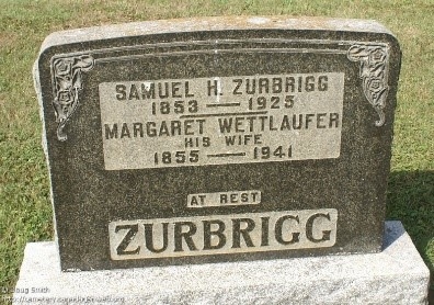 Grave stone for Samuel H. Zurbrigg (1853-1925) and his wife Margaret Wettlaufer (1855-1941).