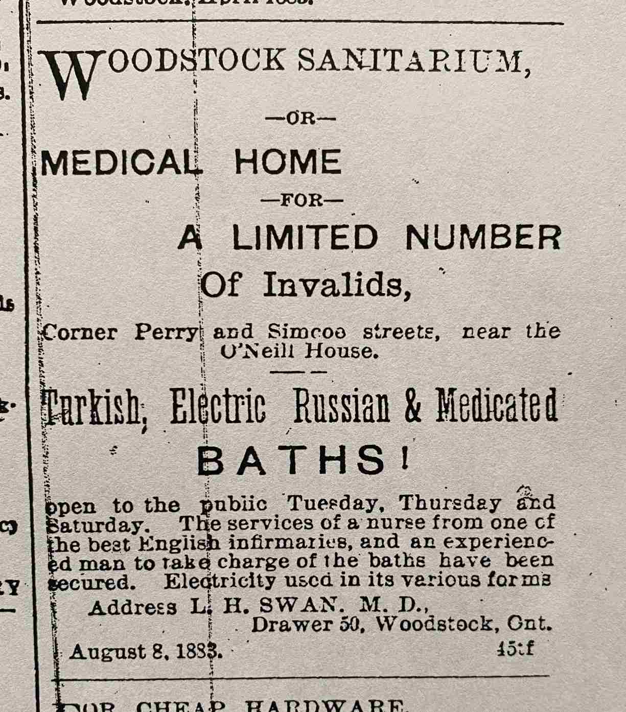 A newspaper advertisement for the Woodstock Sanitarium, also known as 