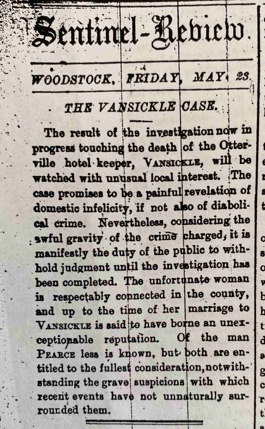 Newspaper article from the Woodstock Sentinel-Review about the investigation into Henry Vansickle's death.