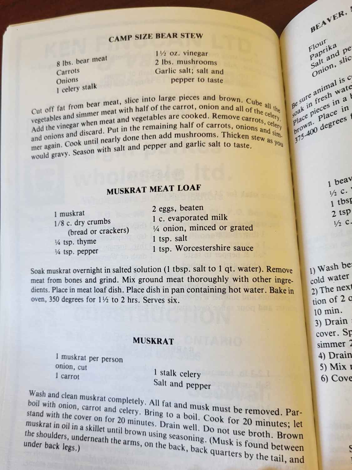 Pages from a wildlife cook book including recipes for campy size bear stew, muskrat meat loaf, and muskrat.