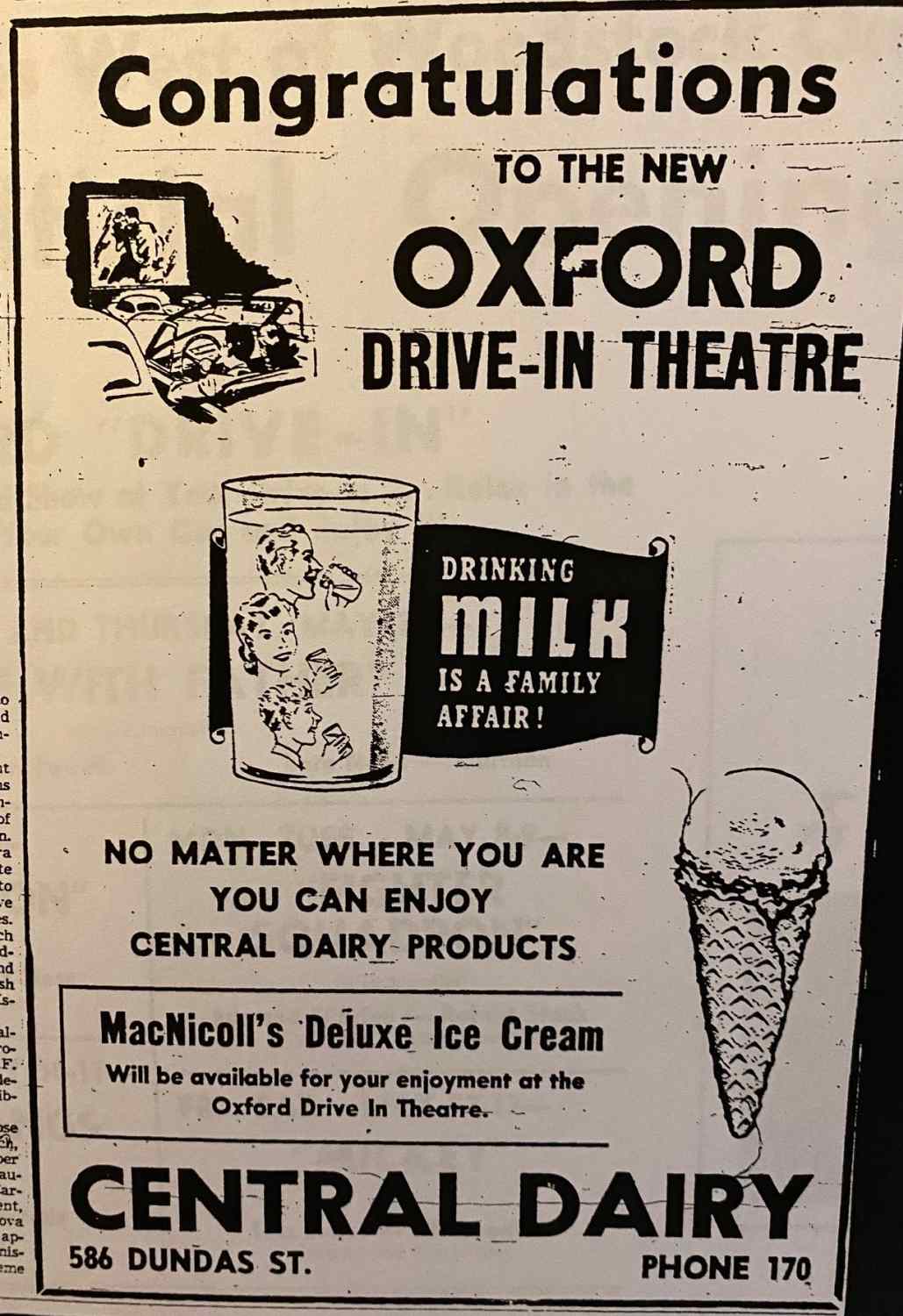 Oxford Drive-In Theatre advertisement featuring ice cream.