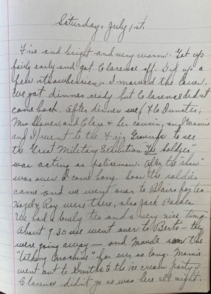 Diary entry written by Leola Giles on July 1, 1916.