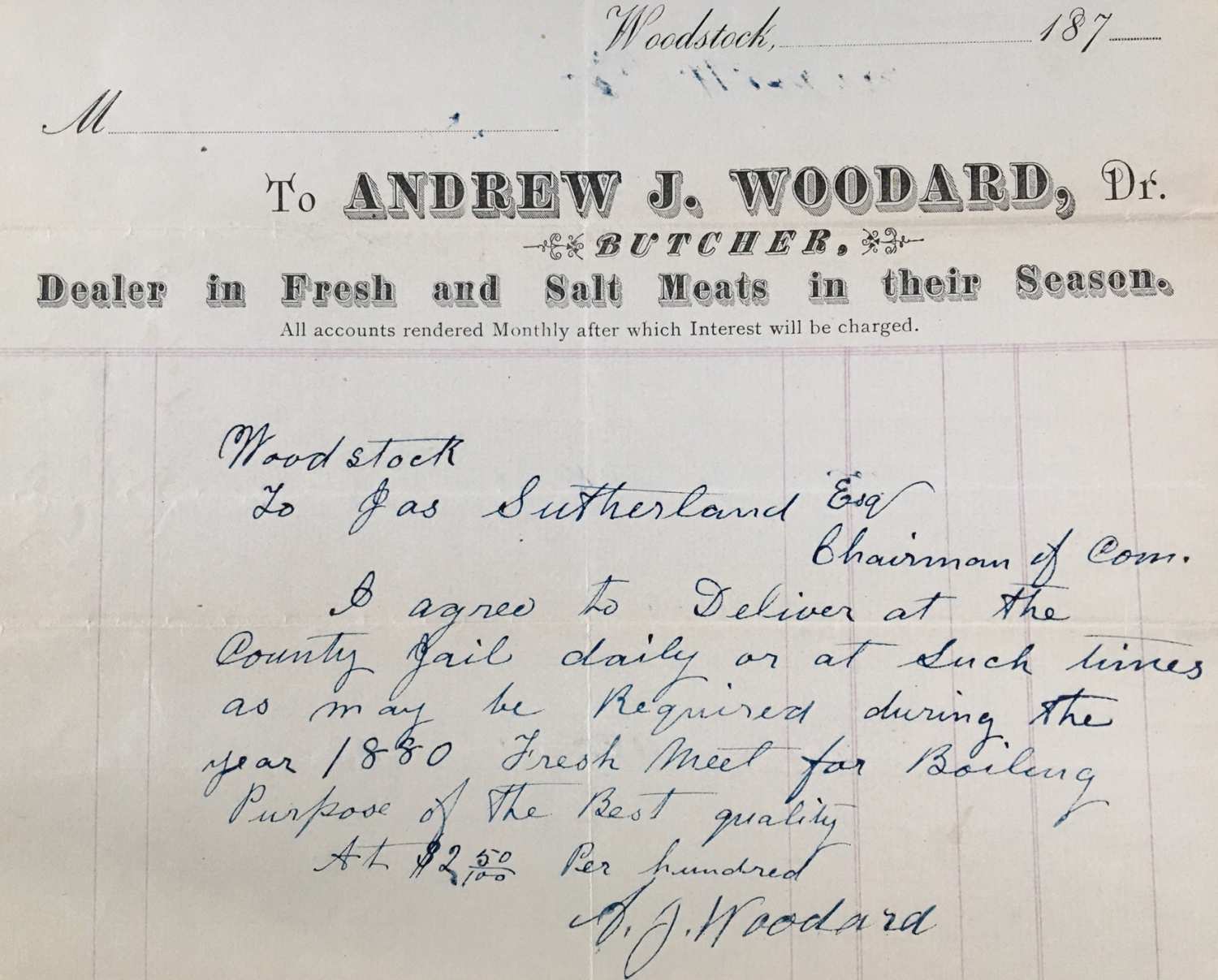 Tender for fresh meat for the County Jail, 1879.