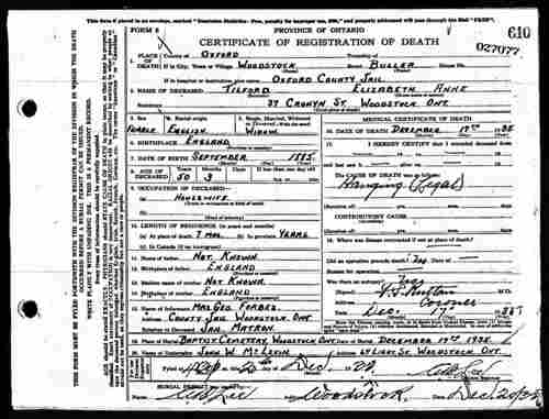 Lizzie Tilford's death certificate, 1935.