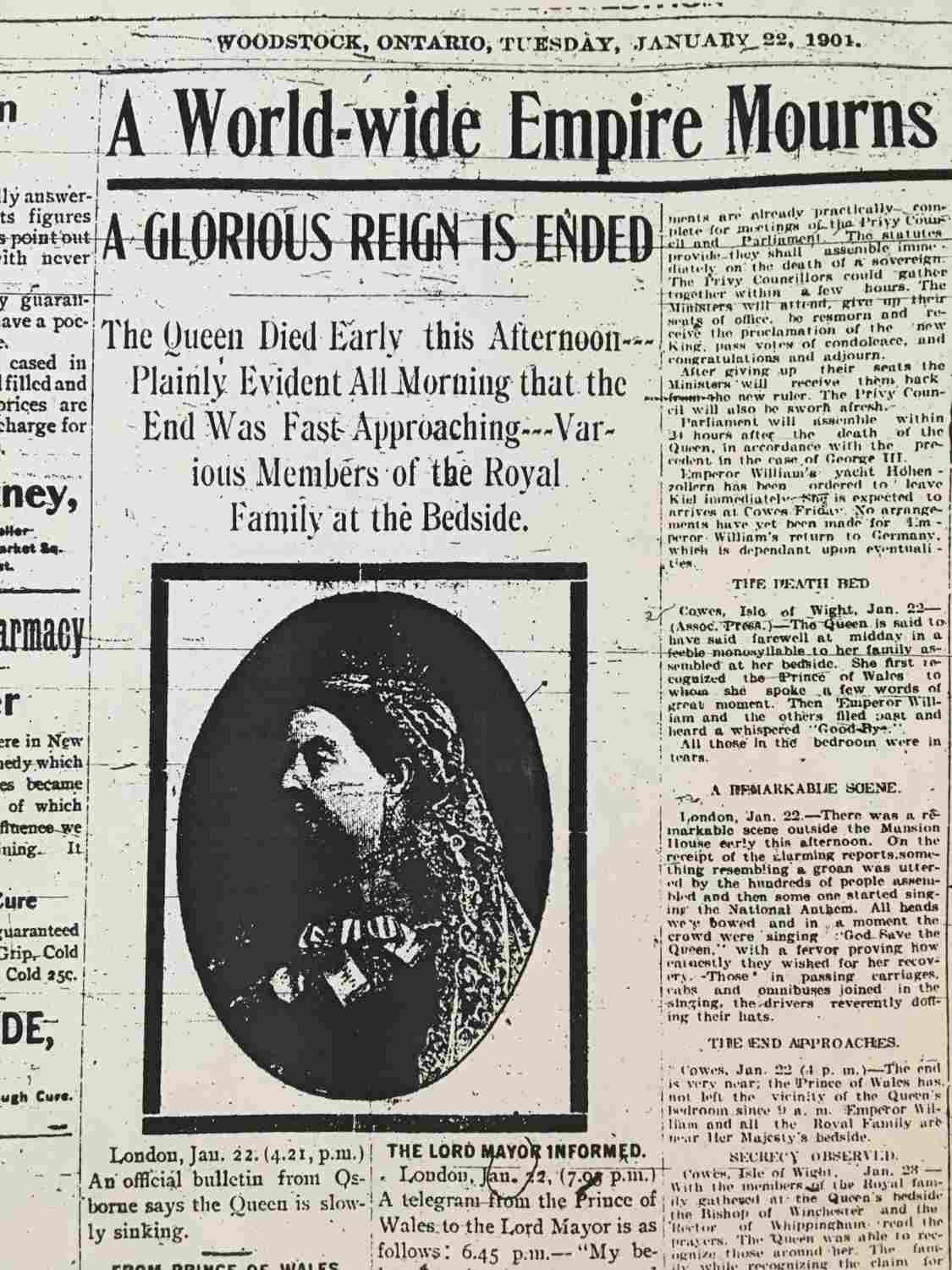 Newspaper article with details on the death of Queen Victoria.