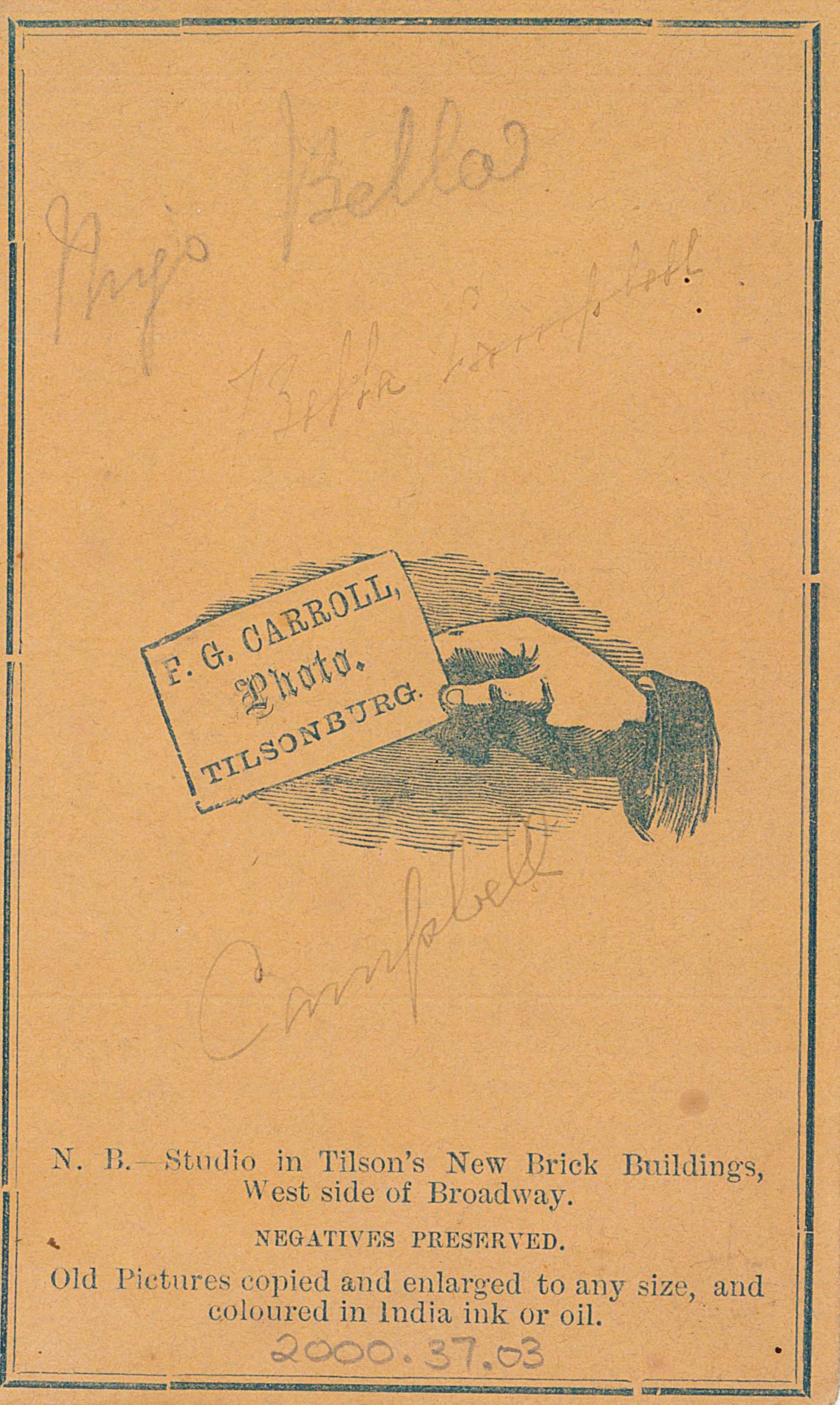 Back of cabinet card from F.G. Carroll's photography studio [courtesy of Annandale N.H.S. & Museum]